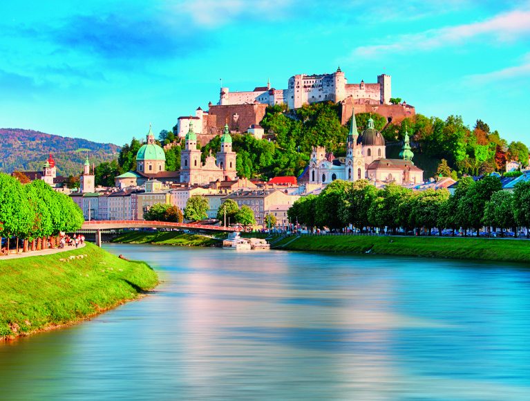 Panoramic view of Salzburg skyline with Festung Hohensalzburg and river Salzach, Salzburger Land, Austria