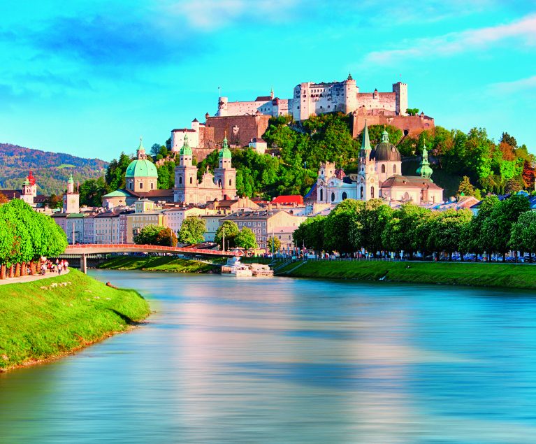 Panoramic view of Salzburg skyline with Festung Hohensalzburg and river Salzach, Salzburger Land, Austria