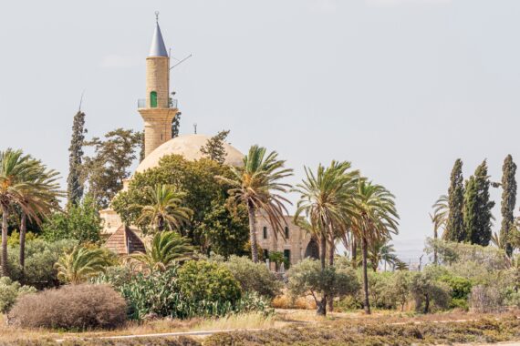 Die aus sandfarbenen Steinen gebaute Hala Sultan Tekka Moschee in mitten grüner Bäume und Palmen