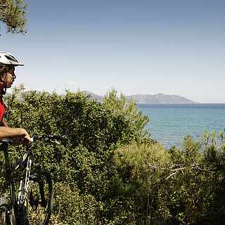 Ein Fahrradfahrer steht, auf sein Bike gelehnt, an einer Klippe. Man sieht im Hintergrund das Meer und Gebirge. Hinter dem Mann sieht man Bäume und Büsche.