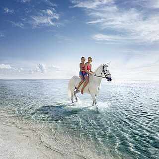 Zwei Schwestern reiten auf einem weißen Pferd im flachen Wasser am Strand