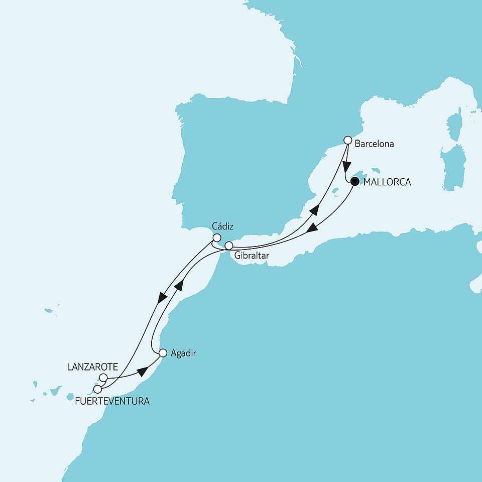Landkarte auf der die Mittelmeer-Kanaren-Route der MeinSchiff eingezeichnet ist