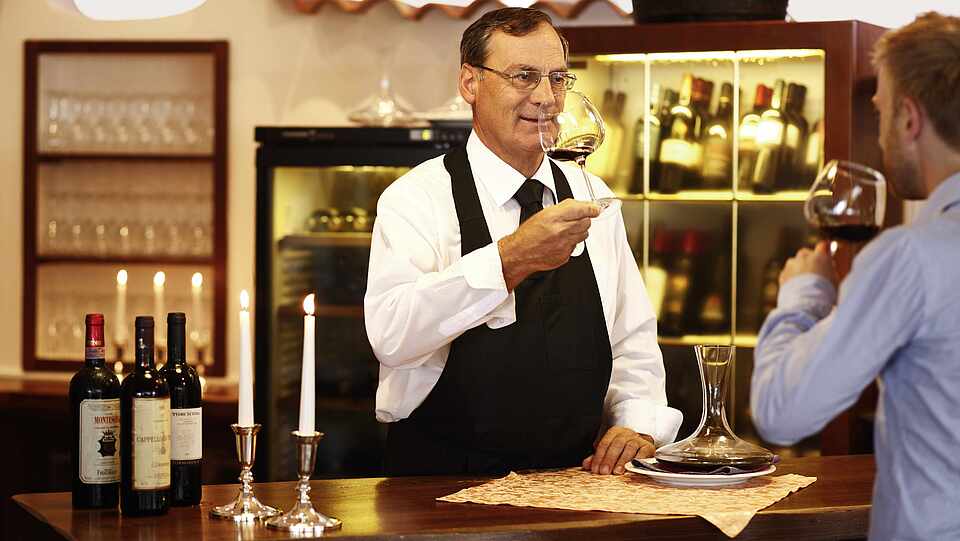 Zwei Männer an einer Bar die mit einem Schluck Wein anstoßen